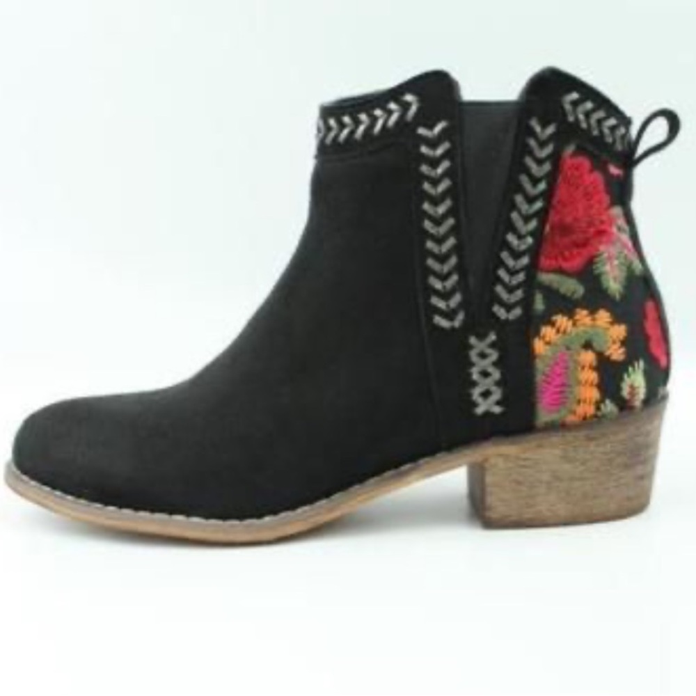 Floral Embroidered Black Ankle Booties